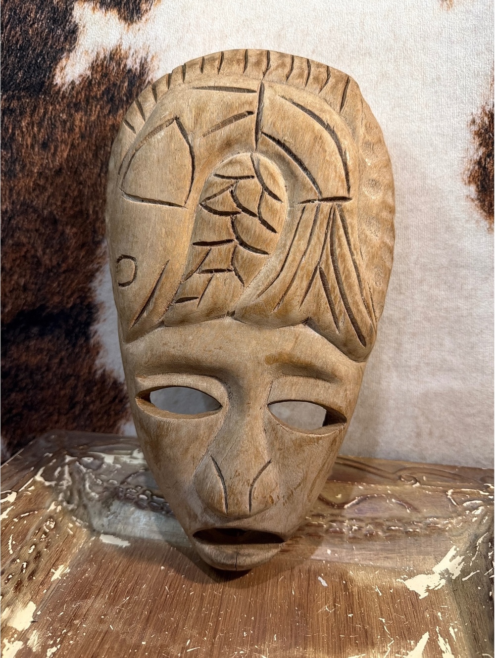 Hand-Carved Wooden Tribal Mask with Abstract Design